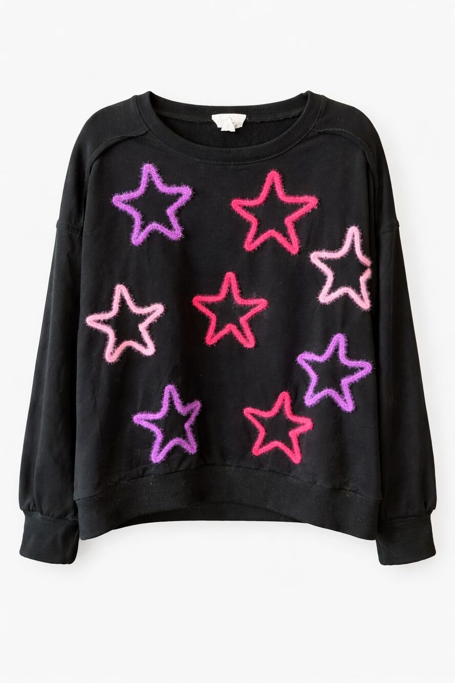 Fantastic Fawn Star Applique Sweatshirt Fuzzy Graphic Cropped Top Large
